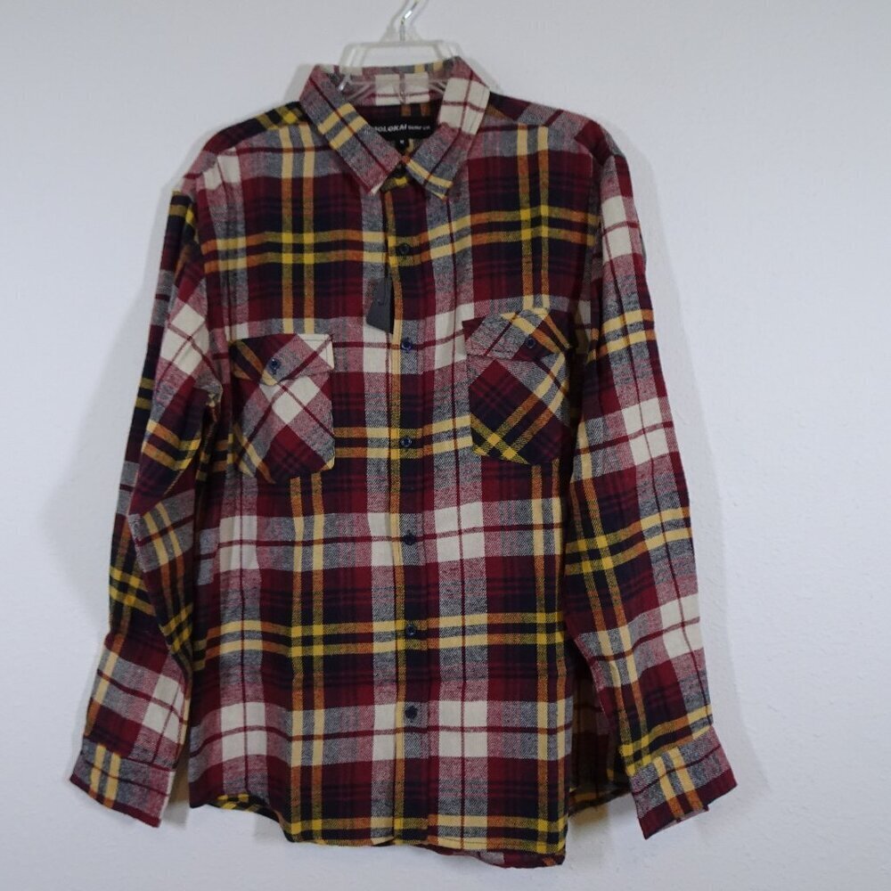 Molokai Surf Co Flannel Shirt Men's Size M Red Plaid Long Sleeve Outdoor